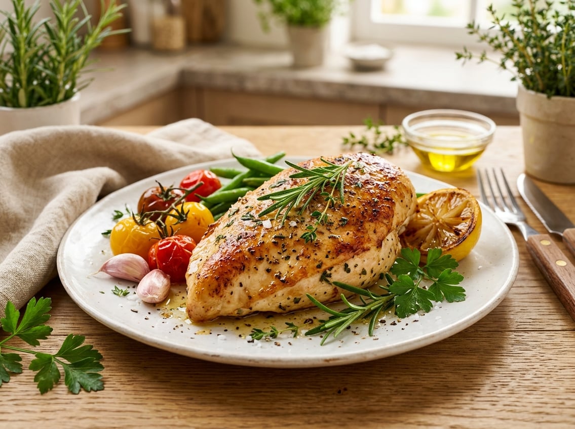 A cooked chicken breast garnished with fresh herbs on a white plate, surrounded by fresh vegetables and lemon slices.