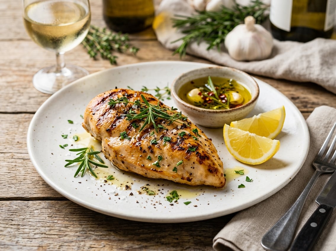 A cooked chicken breast garnished with fresh herbs and lemon wedges on a plate, with garlic and herbs in the background.