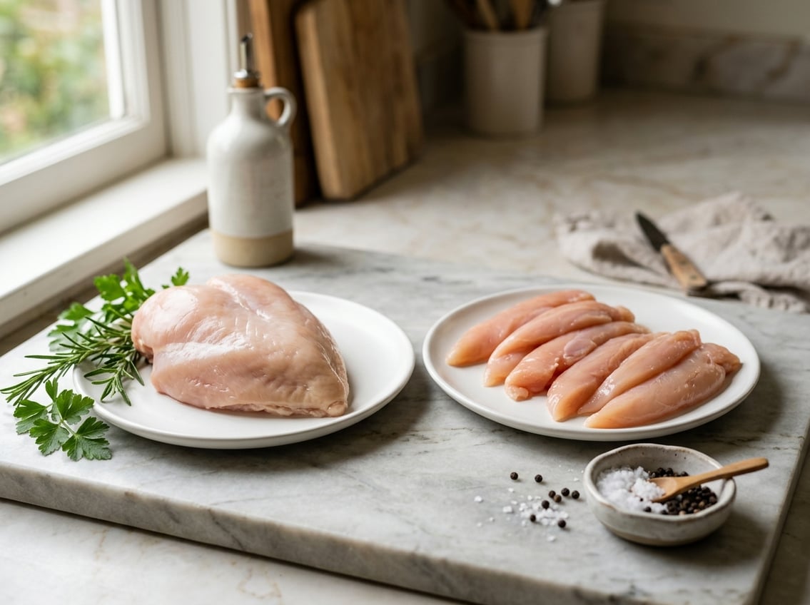 Raw chicken breast and chicken tenderloin pieces displayed on separate white plates with fresh herbs and seasoning on a kitchen countertop.