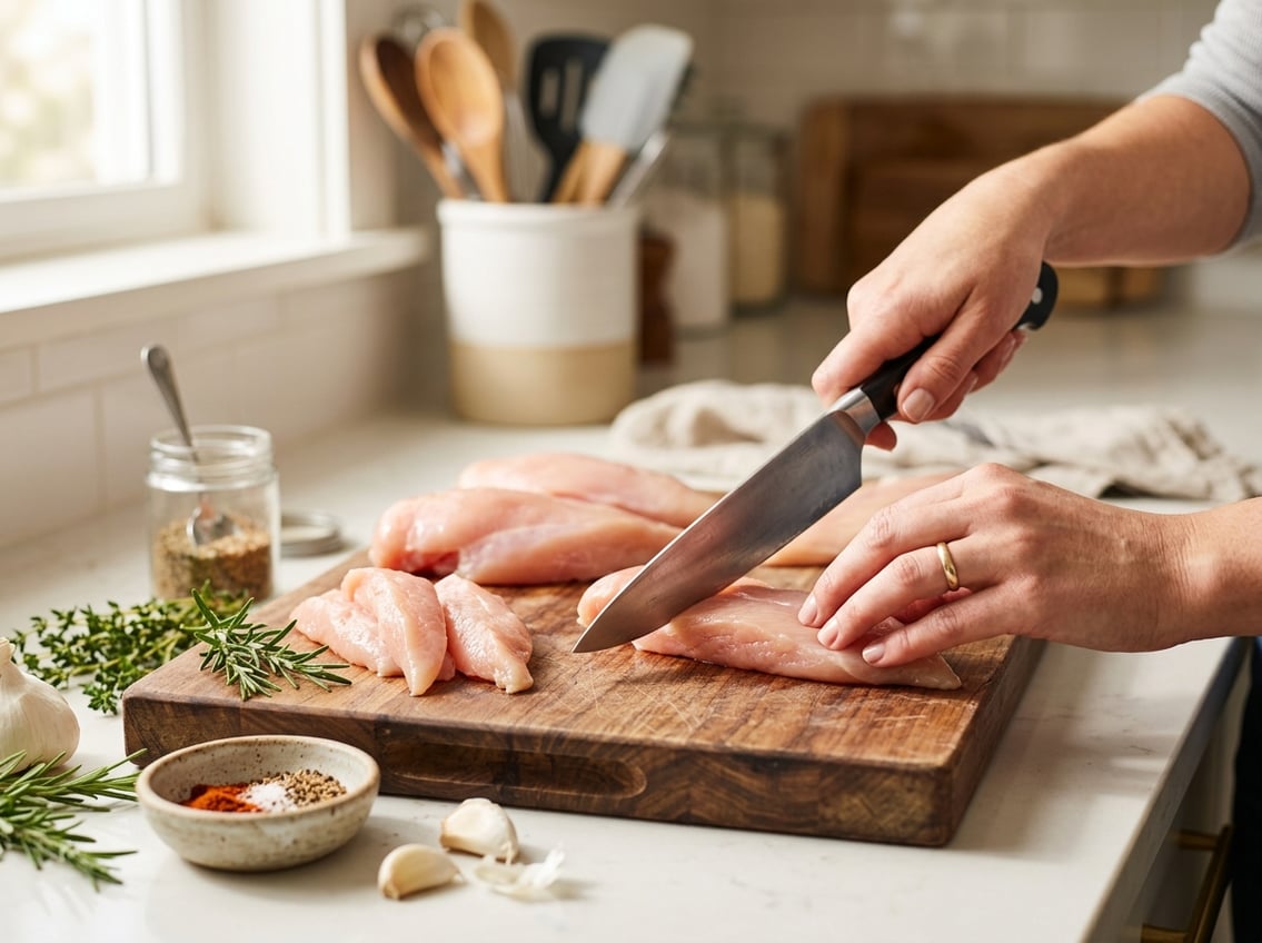 Hands cutting raw chicken breast into smaller pieces on a wooden cutting board in a kitchen setting.