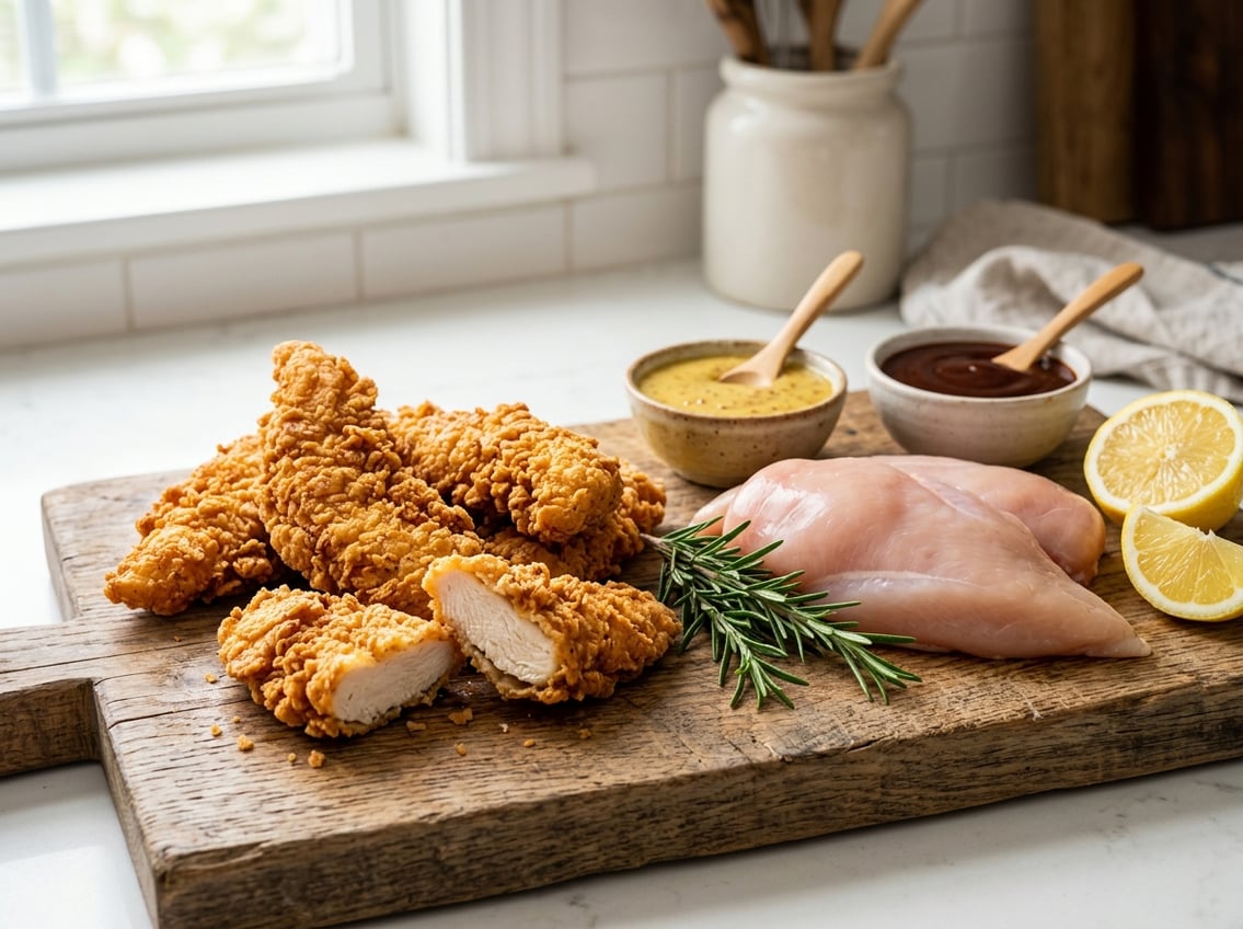 Close-up of crispy chicken tenders on a wooden board with raw chicken breasts and fresh ingredients nearby.