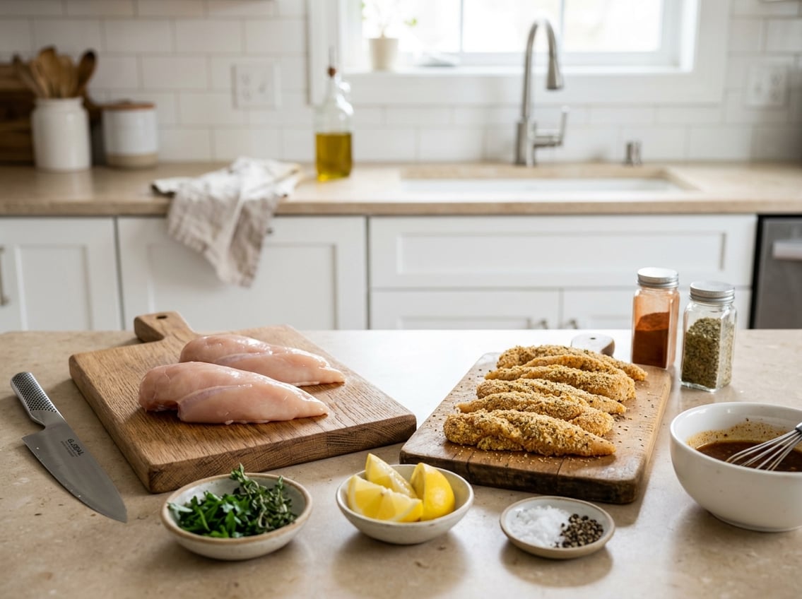 Raw chicken breasts and cooked chicken tenders displayed on cutting boards with fresh herbs and kitchen utensils on a kitchen countertop.