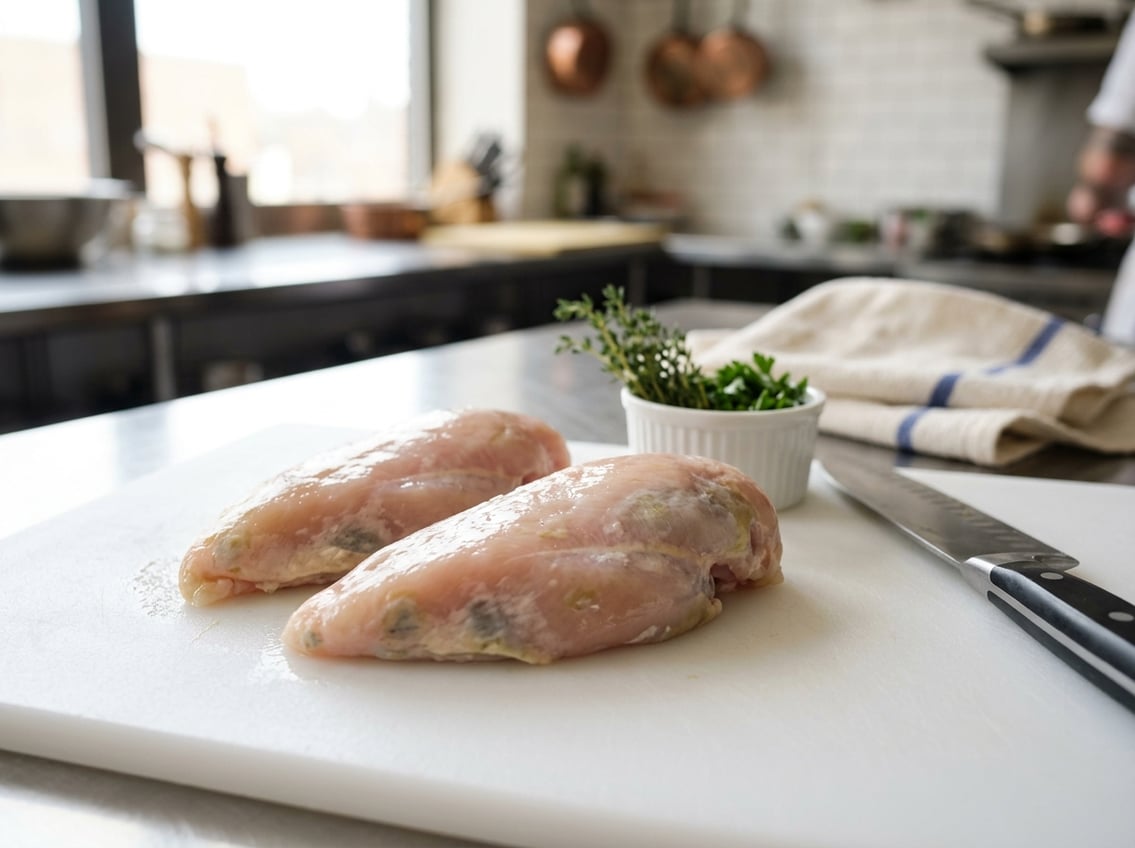 Close-up of raw chicken breasts on a cutting board showing signs of spoilage in a kitchen setting.