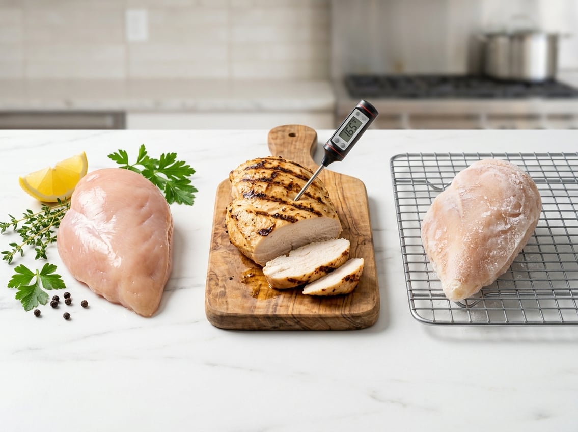 Three chicken breasts displayed side by side showing raw, cooked, and frozen states on a white surface with fresh herbs, a lemon wedge, a thermometer, and visible frost.