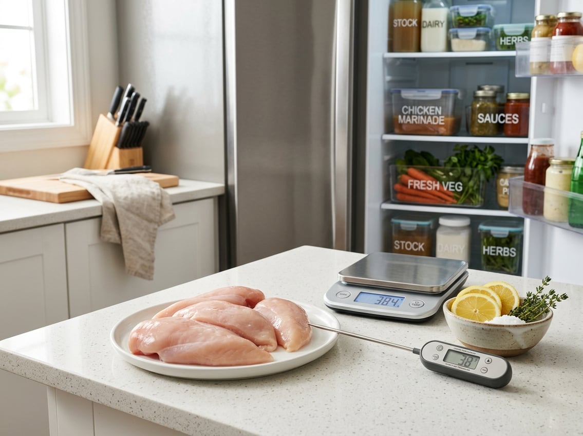 Raw chicken breasts on a plate next to a kitchen scale and lemon slices with an open refrigerator showing organized shelves in the background.