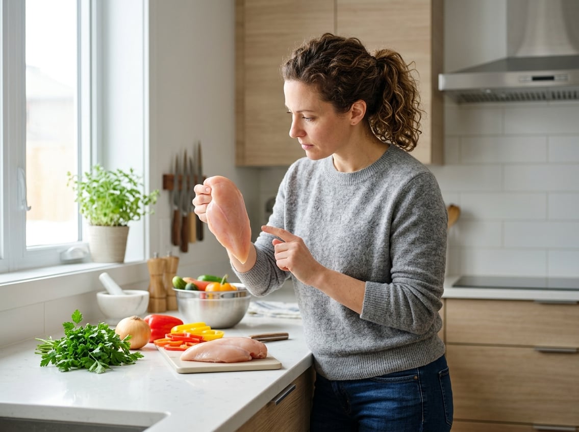 Person inspecting raw chicken breast in a clean kitchen, examining its texture and color carefully.