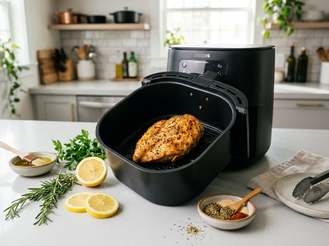 A cooked chicken breast in an open air fryer basket on a kitchen countertop with fresh herbs and lemon slices nearby.