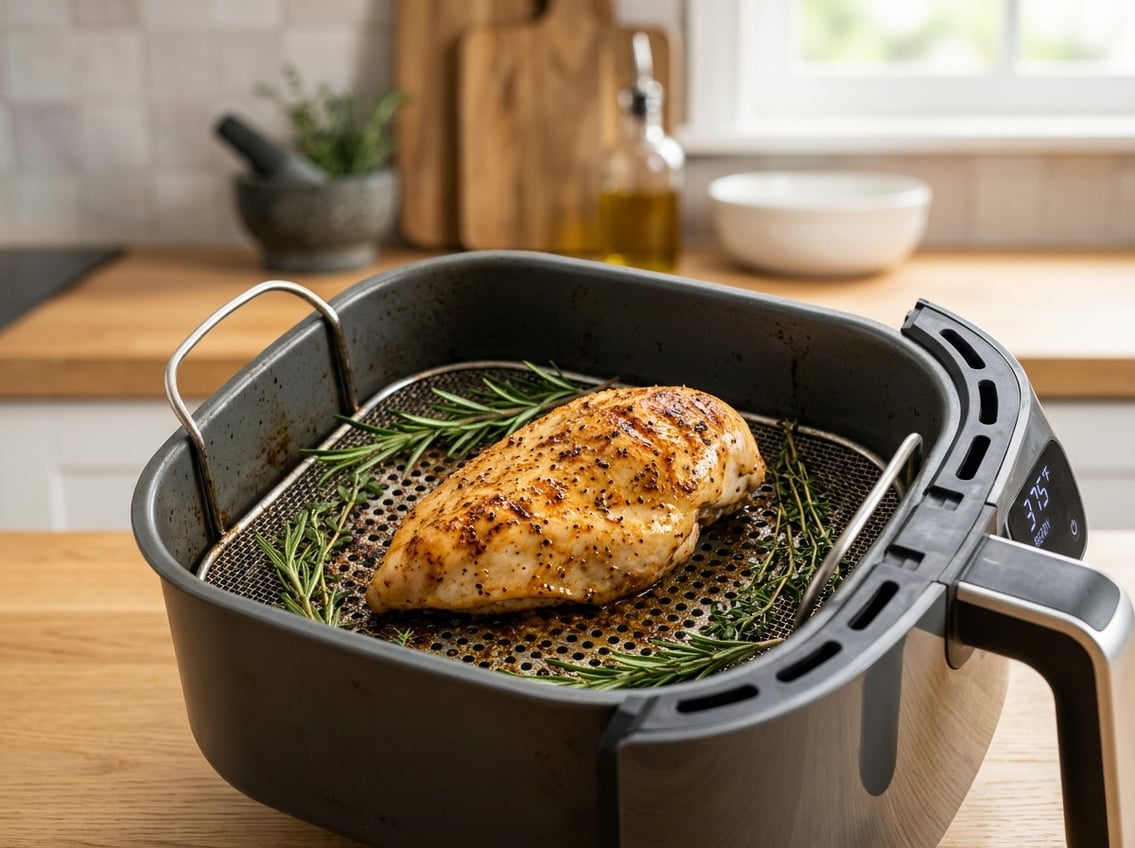A cooked chicken breast inside an open air fryer basket with fresh herbs around it on a kitchen countertop.