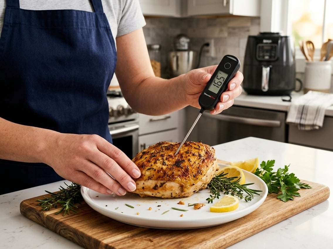 Person using a digital meat thermometer to check the doneness of a cooked chicken breast on a plate with fresh herbs in a kitchen.