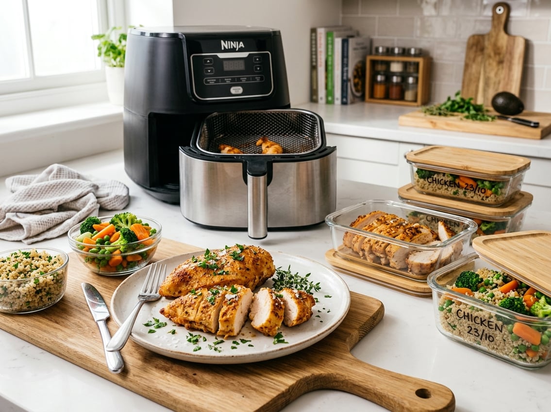 A cooked chicken breast on a plate with fresh herbs, surrounded by side dishes, a modern air fryer on the counter, and glass containers with stored leftovers.