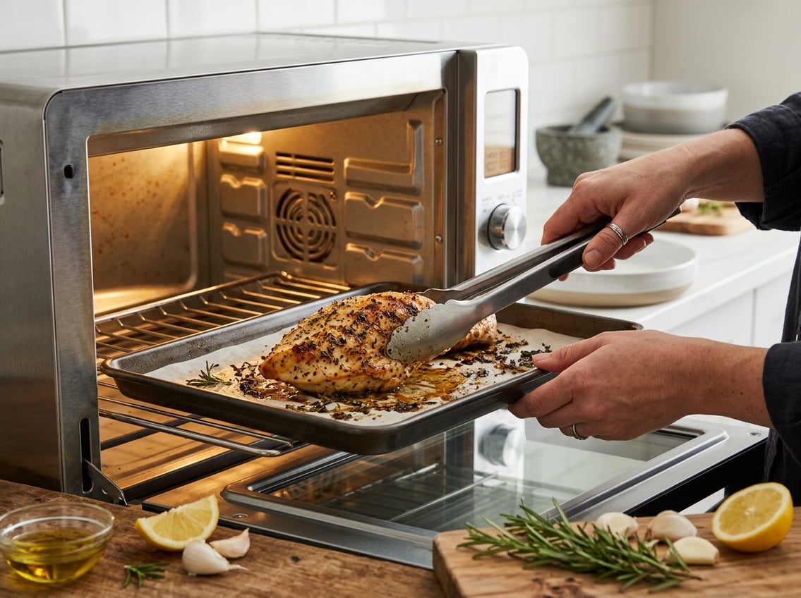 Hands flipping a seasoned chicken breast on a baking tray inside an oven with fresh herbs and lemon slices nearby.
