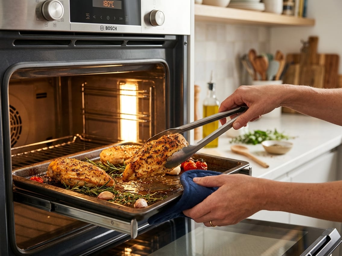 Hands flipping a seasoned chicken breast inside an oven on a baking tray with herbs.