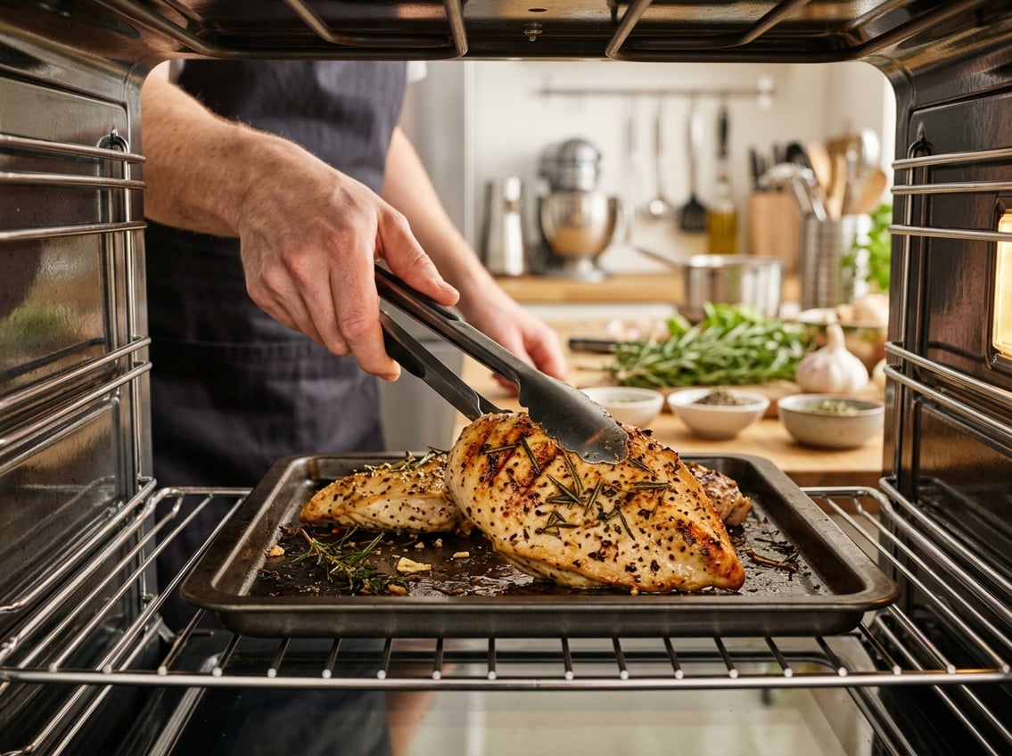 Hands flipping a seasoned chicken breast on a baking tray inside an oven.