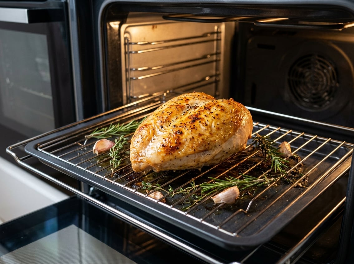 A juicy golden brown chicken breast roasting on a tray inside an oven with fresh herbs around it.