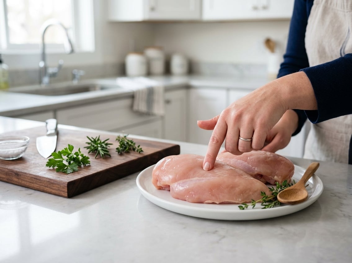 Close-up of hands inspecting raw chicken breasts on a kitchen countertop with fresh herbs nearby.