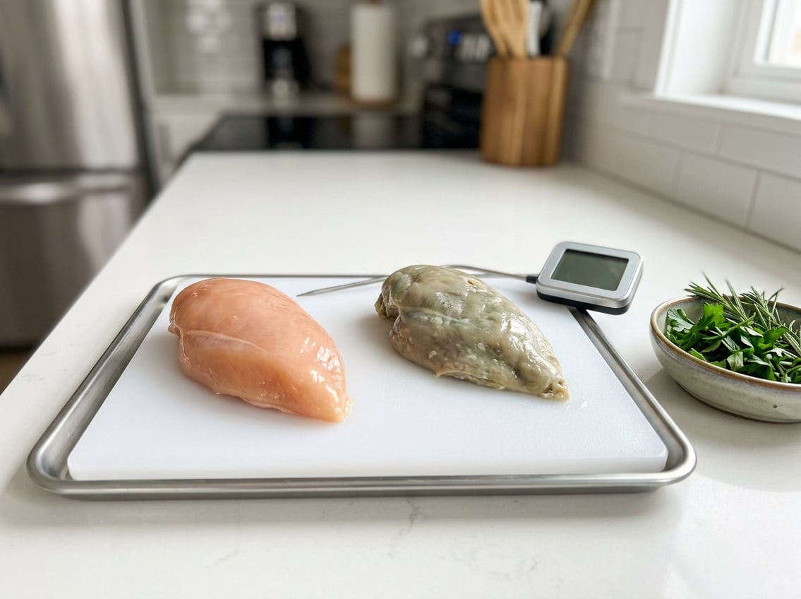 Raw chicken breasts on a cutting board, one fresh and one discolored, with a kitchen thermometer and herbs nearby.
