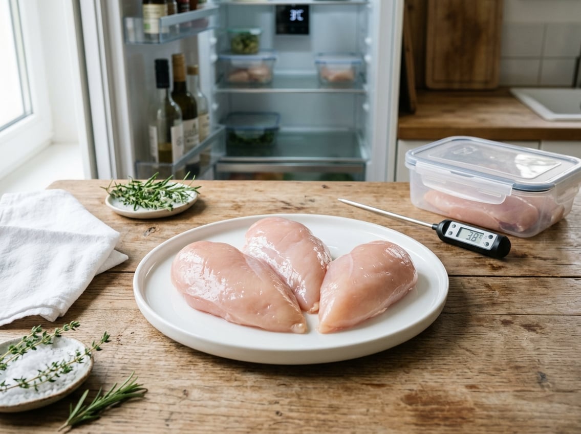 Fresh raw chicken breasts on a white plate with a food thermometer and a refrigerator in the background.