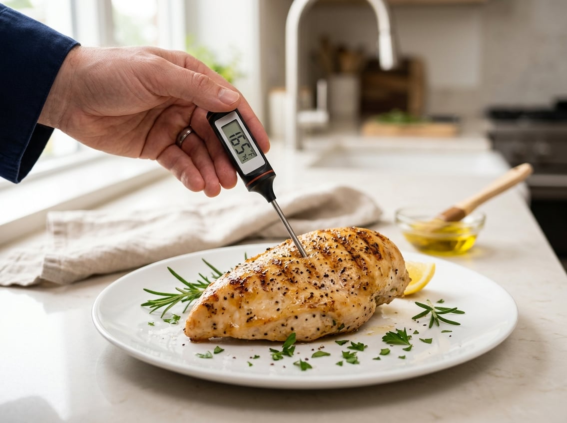 Close-up of a cooked chicken breast on a plate with a meat thermometer inserted, held by a hand in a kitchen setting.