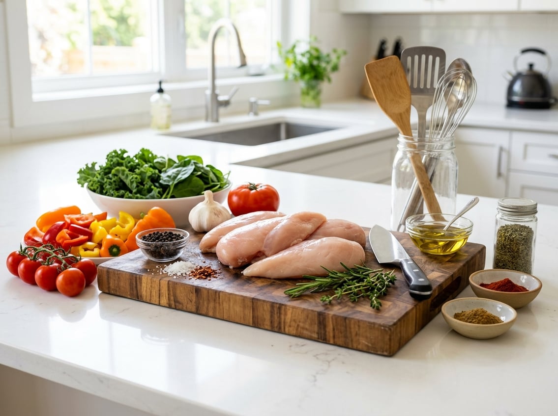 Fresh raw chicken breasts on a kitchen countertop surrounded by vegetables, herbs, and spices ready for cooking.