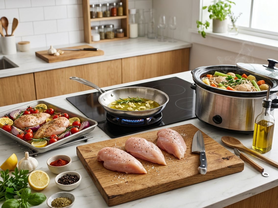 Raw chicken breasts on a cutting board surrounded by cooking utensils and ingredients in a kitchen.