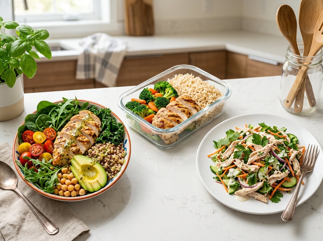 A kitchen countertop with several dishes featuring cooked chicken breast, including a lunch bowl with vegetables, a packed lunch container, and a plate of chicken salad.