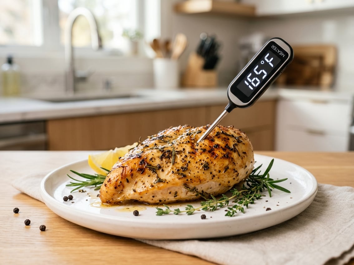 Close-up of a cooked chicken breast on a plate with a digital meat thermometer inserted, showing the temperature.