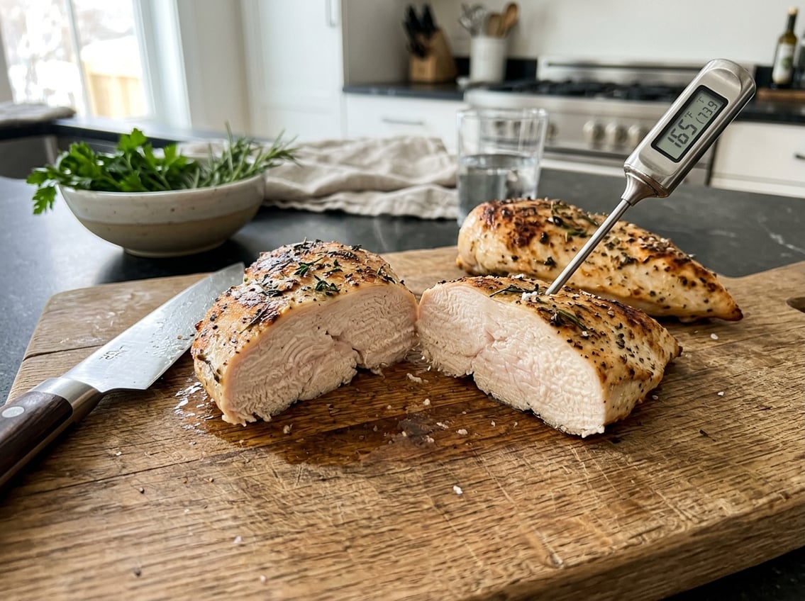 Close-up of a cooked chicken breast on a cutting board with a knife and meat thermometer in a kitchen setting.