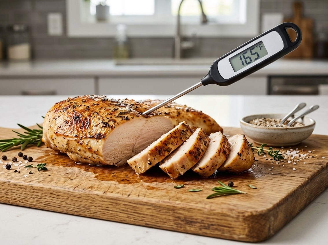 Sliced cooked chicken breast on a wooden cutting board with a digital meat thermometer inserted, surrounded by fresh herbs in a kitchen setting.