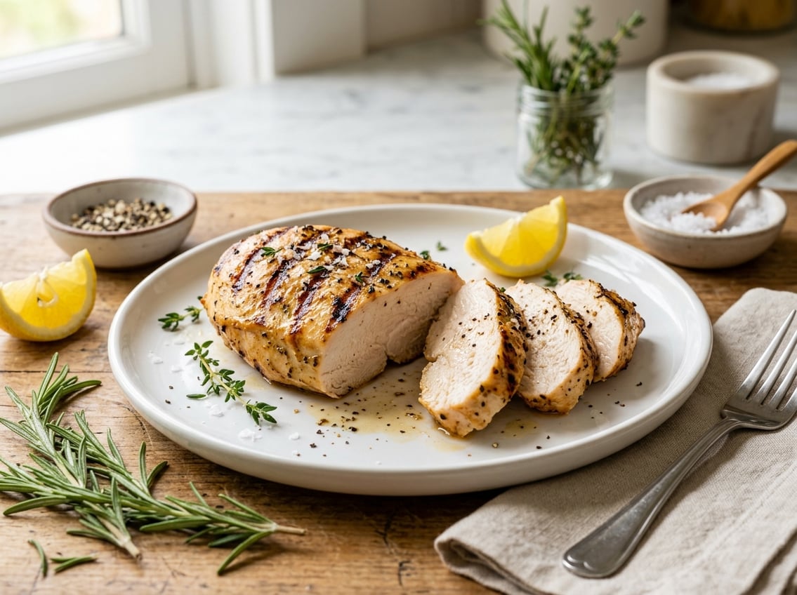 A cooked chicken breast sliced open on a plate with fresh herbs and lemon wedges on a kitchen countertop.