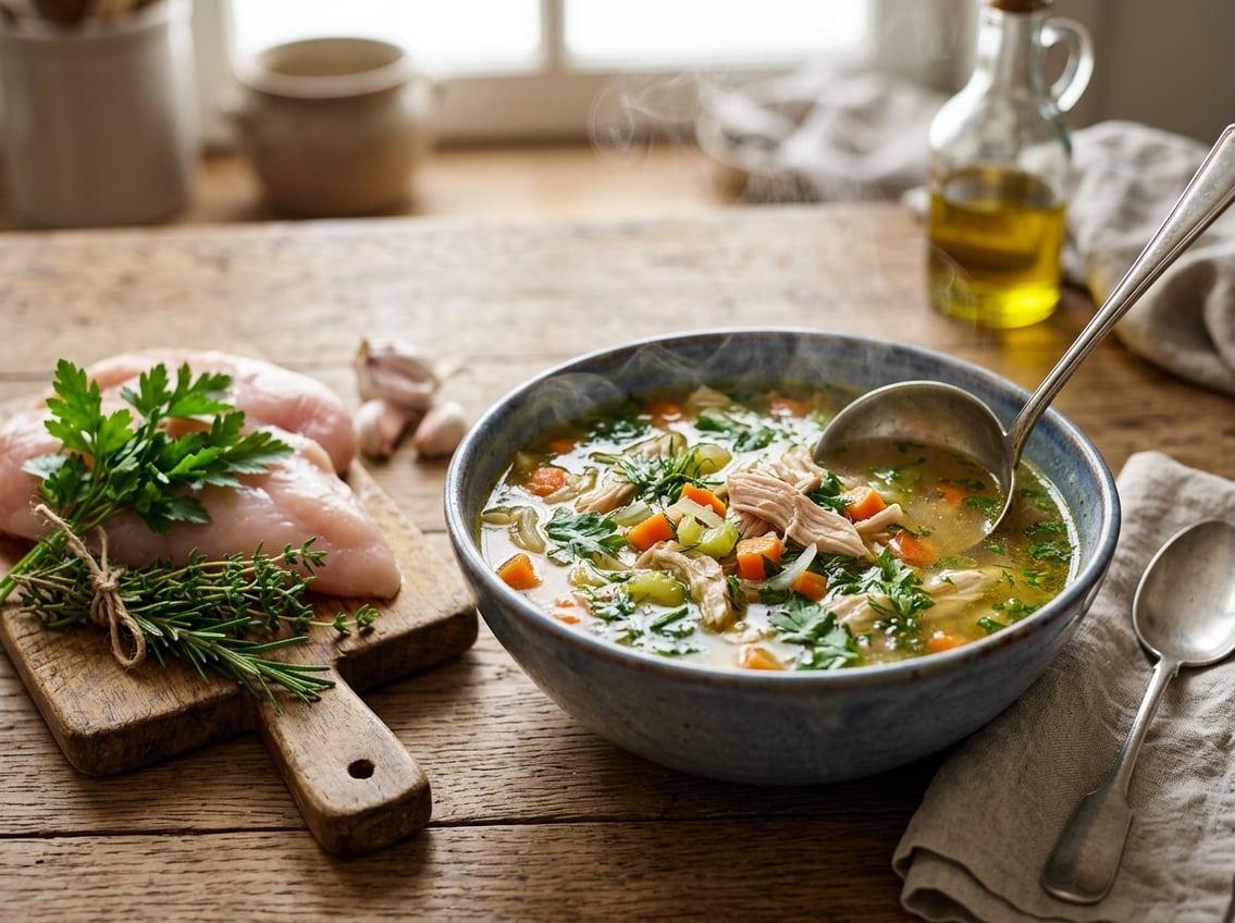 A bowl of chicken soup with pieces of chicken breast, vegetables, and herbs on a wooden table next to raw chicken breasts and fresh herbs.