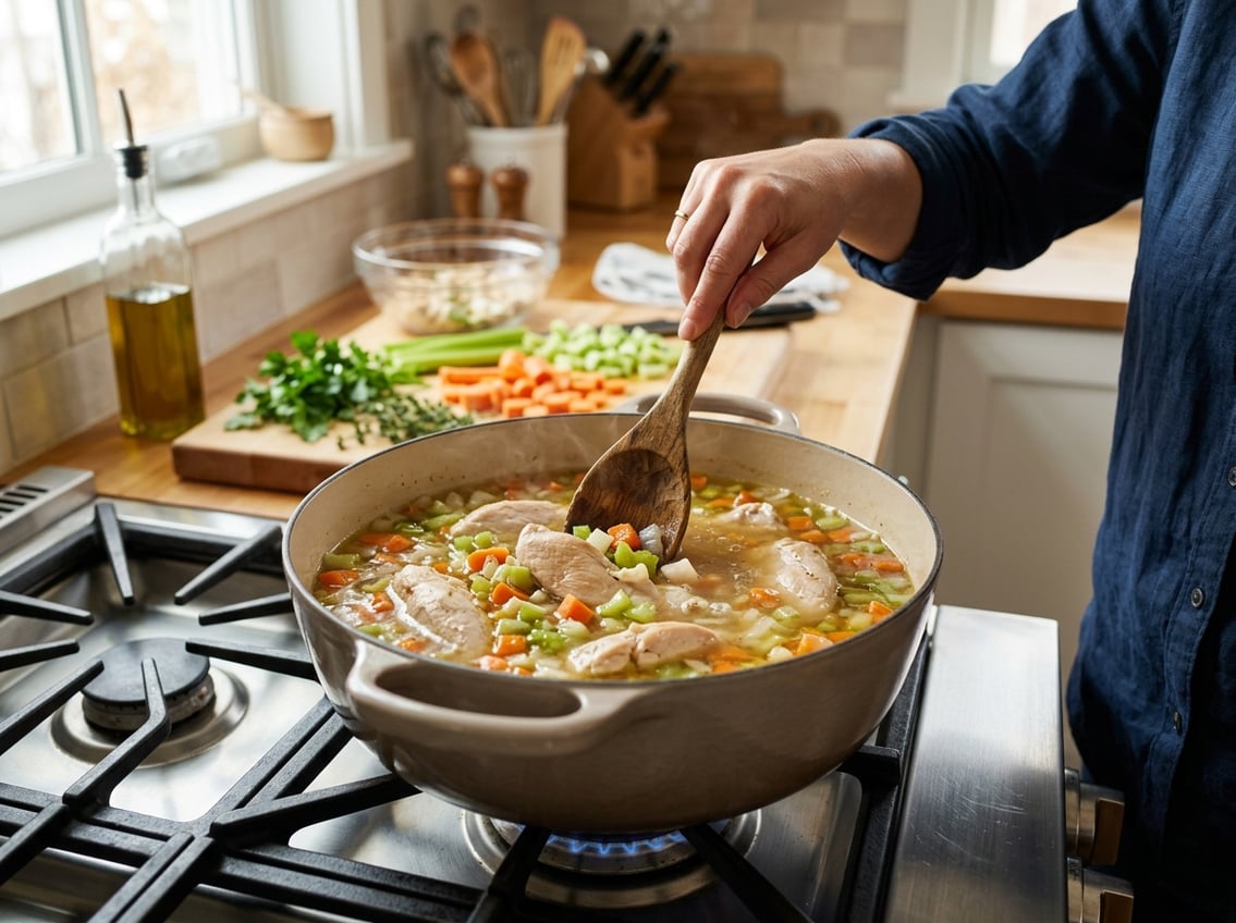 A pot of chicken soup with chicken breast and vegetables cooking on a stove in a kitchen.