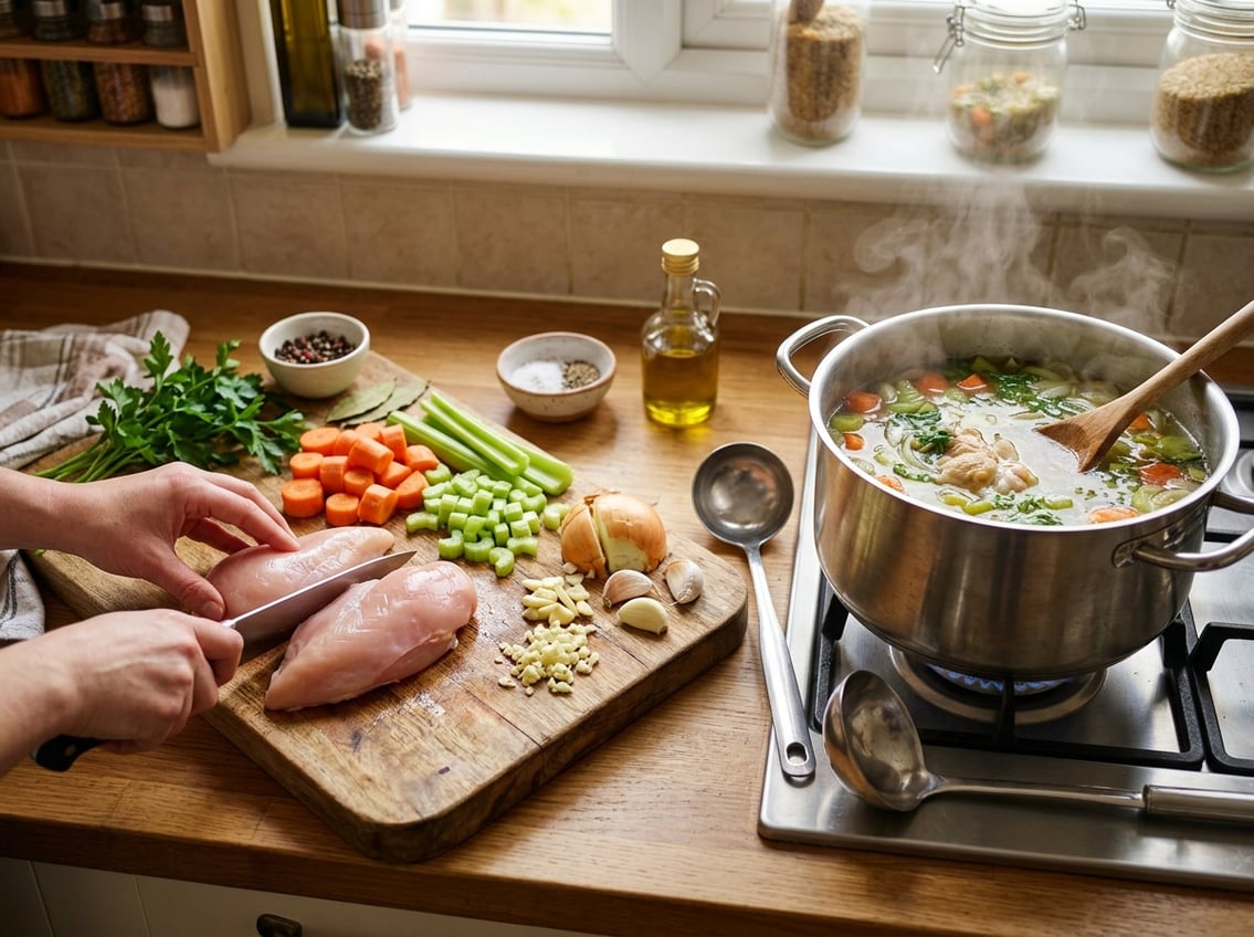 A kitchen scene showing fresh chicken breast and vegetables on a cutting board next to a pot simmering on the stove.