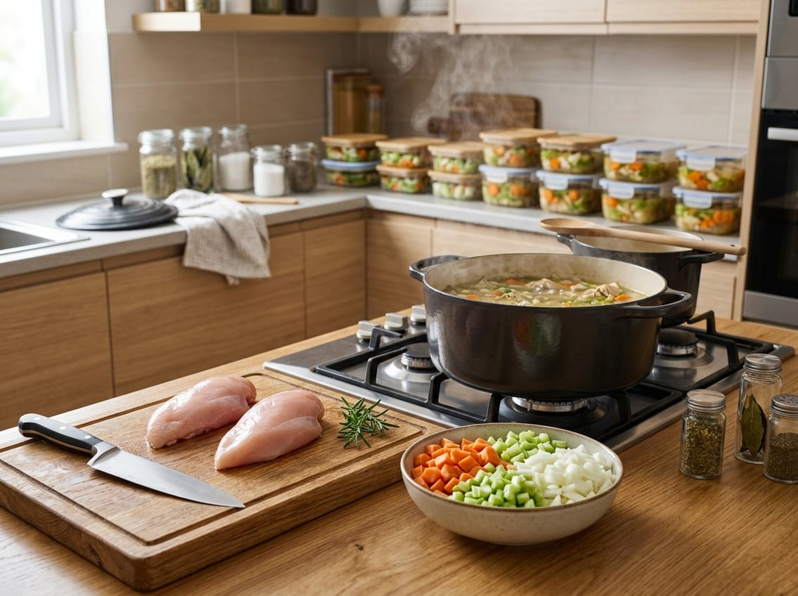 Fresh chicken breasts on a cutting board next to chopped vegetables and a pot of simmering chicken soup on a kitchen stove with glass containers of stored soup nearby.