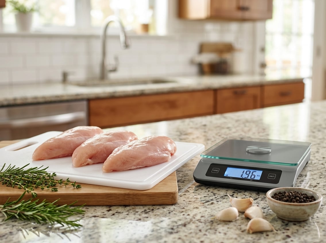 Raw chicken breasts on a cutting board next to a kitchen scale showing about 2 pounds, with fresh herbs and garlic on a kitchen countertop.