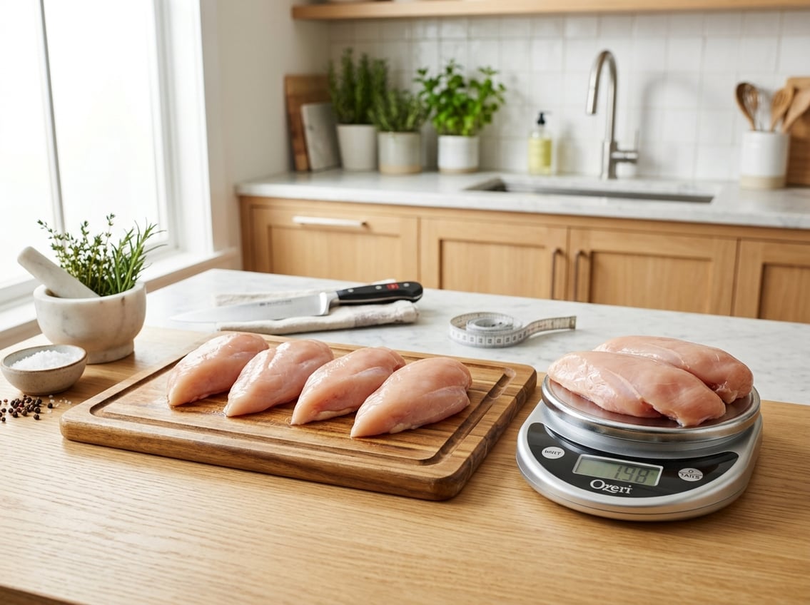 Raw chicken breasts arranged on a cutting board next to a kitchen scale showing about 2 pounds in a bright kitchen.