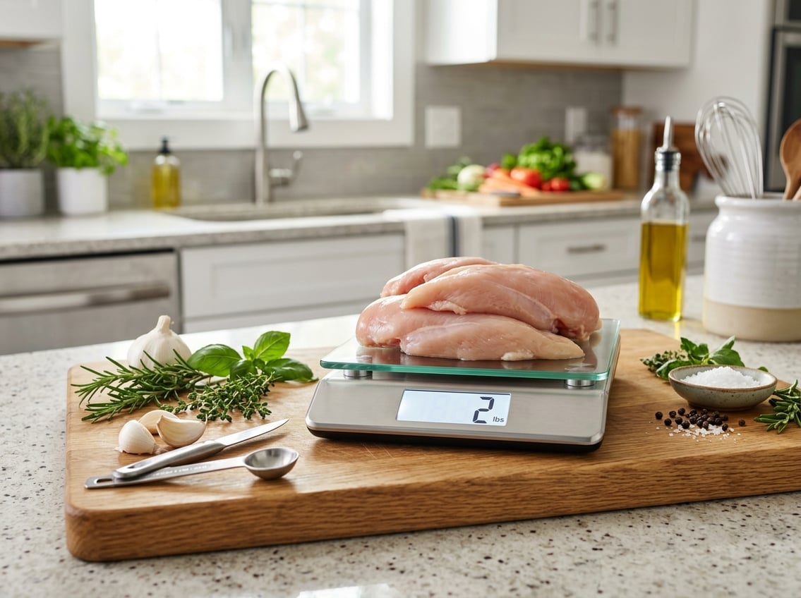 Raw chicken breasts on a digital kitchen scale showing 2 pounds on a kitchen countertop with fresh ingredients nearby.