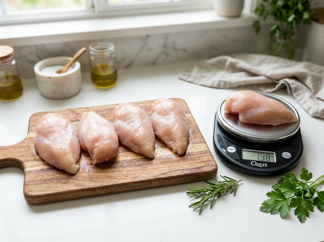 Raw chicken breasts arranged on a cutting board next to a kitchen scale showing about 2 pounds.