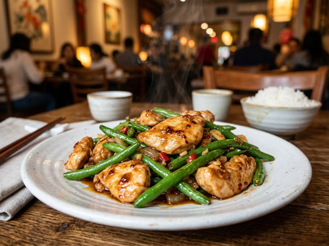 A plate of string bean chicken breast with green beans and chicken pieces in sauce on a white plate.