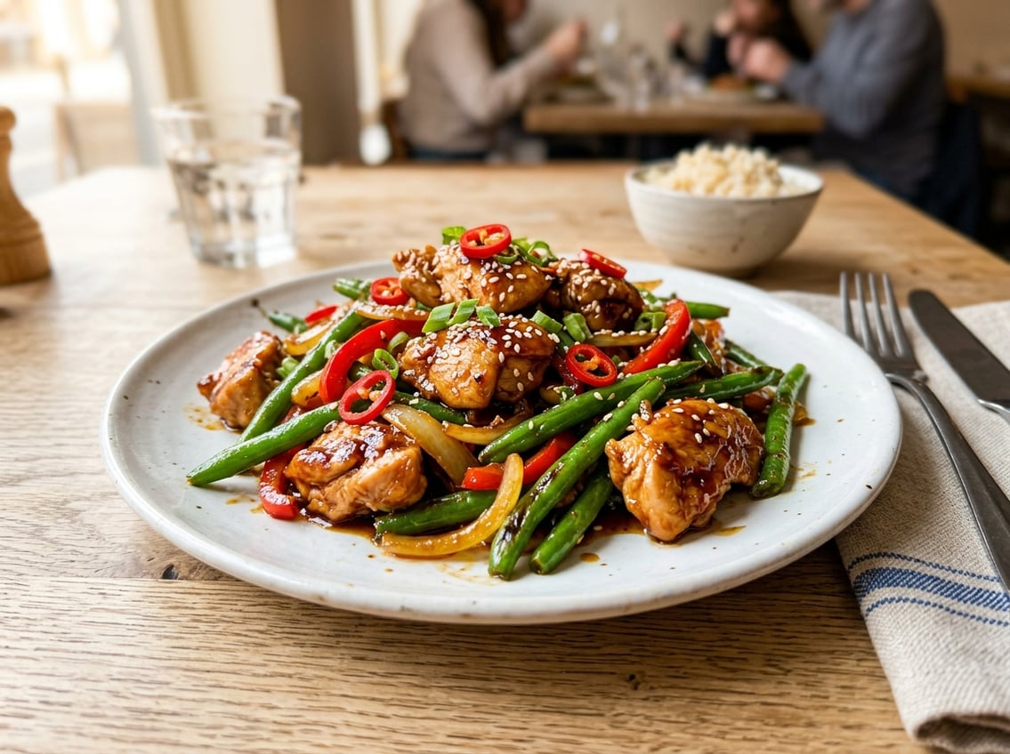 A plate of spicy string bean chicken breast with green beans and chili peppers on a white plate.