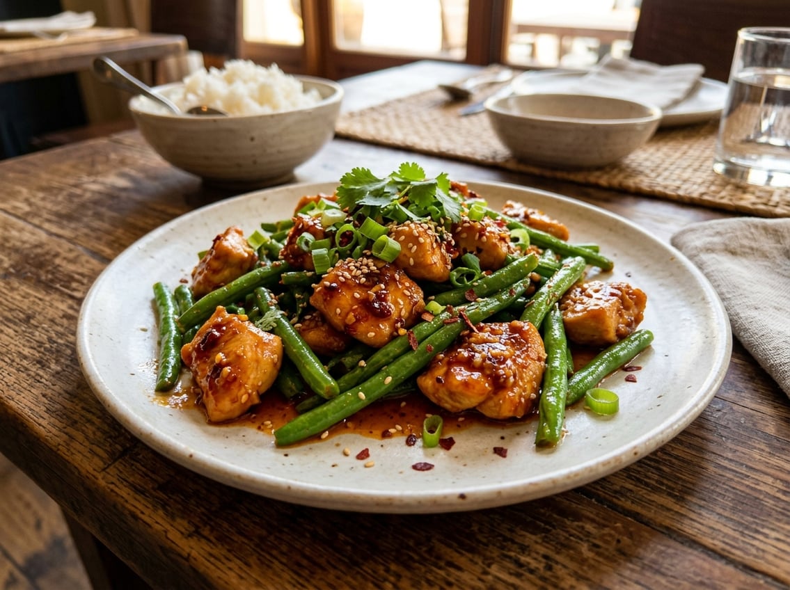 A plate of chicken breast and green string beans coated in a spicy sauce, garnished with herbs on a wooden table.