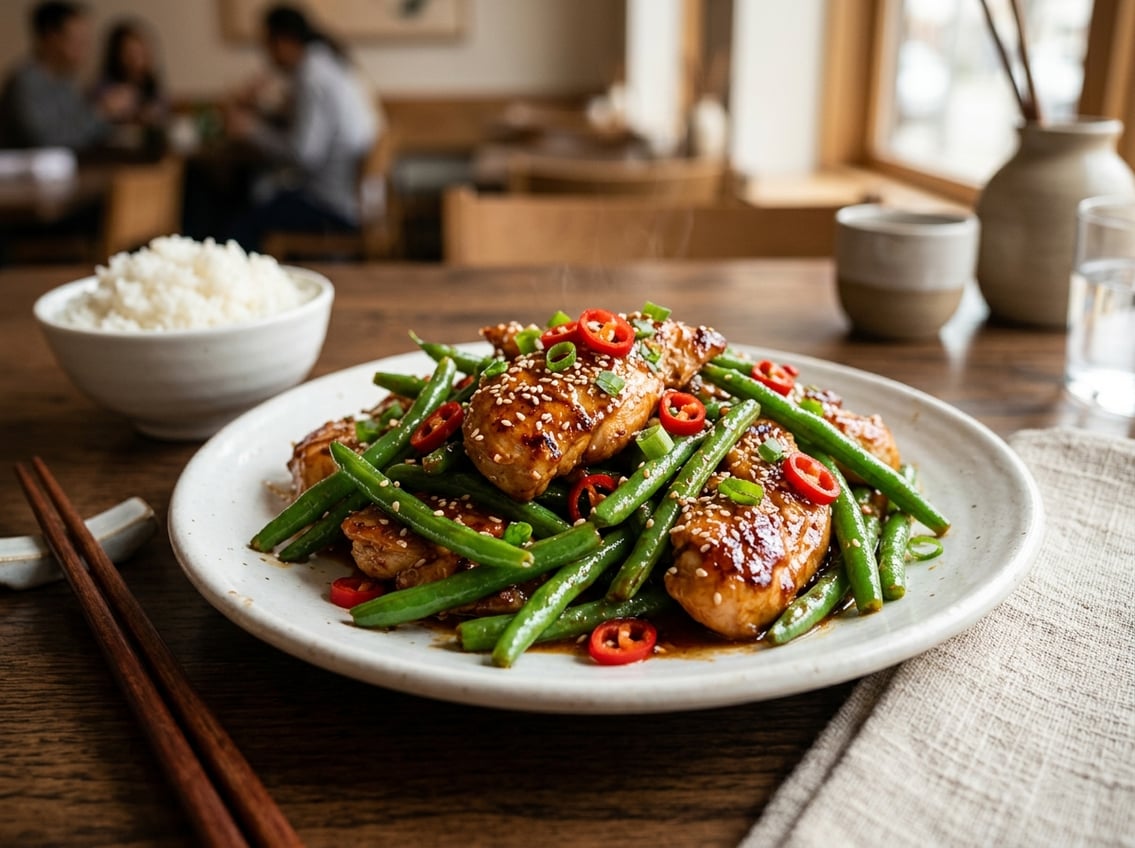 A plate of spicy chicken breast with green string beans and red chili peppers, served with a bowl of white rice on a wooden table.
