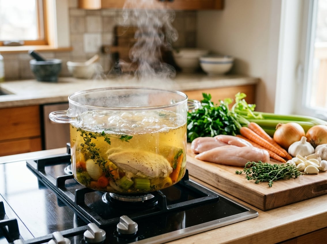 A pot of simmering chicken broth on a stove surrounded by raw chicken breasts and fresh vegetables on a wooden cutting board.