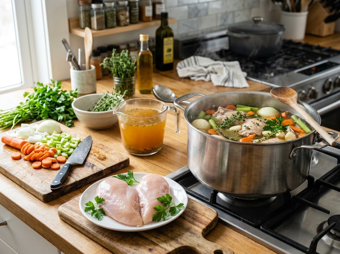 A kitchen countertop with raw chicken breasts, a pot of simmering broth with vegetables, fresh herbs, and chopped vegetables nearby.