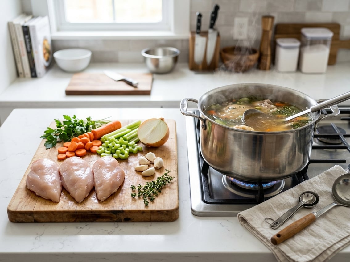 A kitchen scene showing raw chicken breasts, fresh vegetables, and a pot of clear chicken broth simmering on the stove.