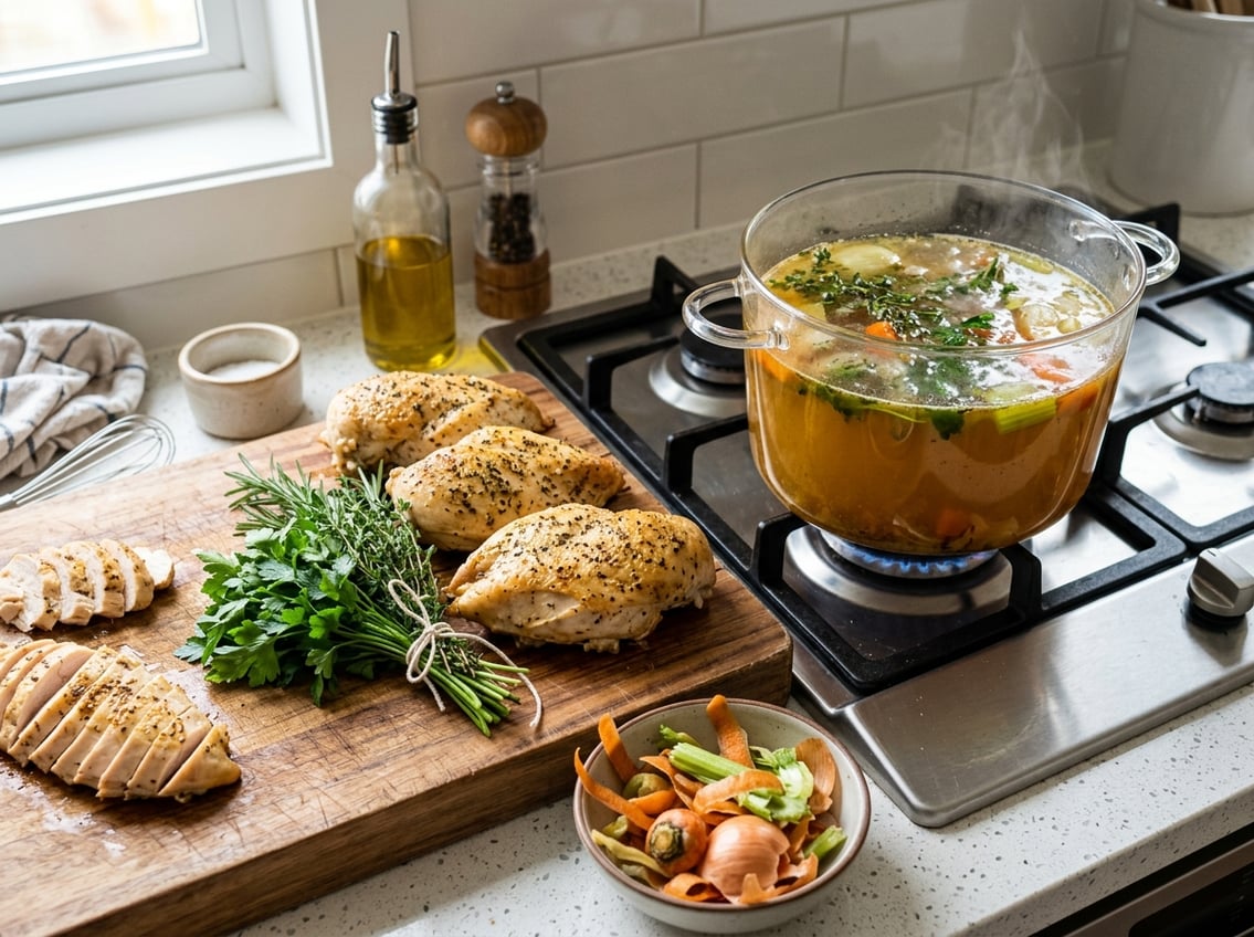 Cooked chicken breasts next to a pot of chicken broth simmering on a stove with fresh herbs and vegetable scraps nearby.