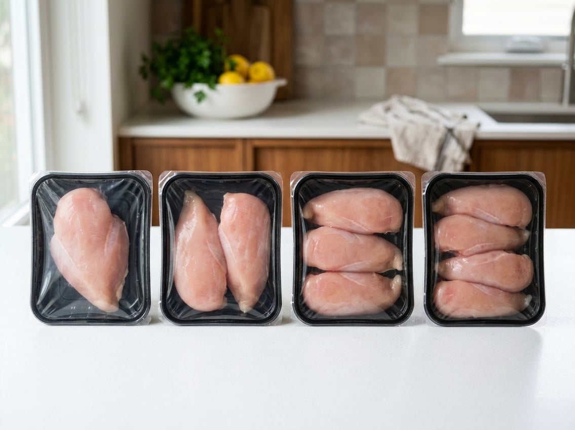 Several clear plastic packages of raw chicken breasts with varying quantities arranged on a white surface.