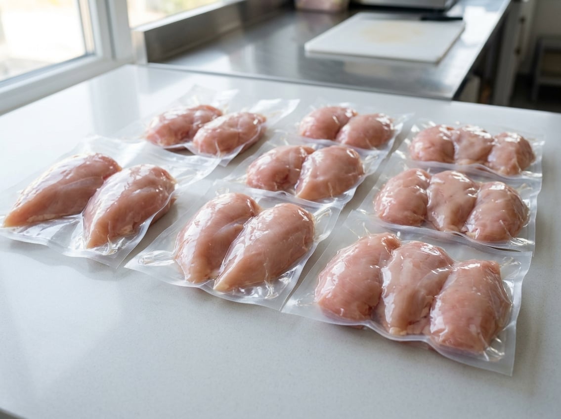 Several vacuum-sealed packages of raw chicken breasts arranged on a light surface, each containing different numbers of chicken breasts.