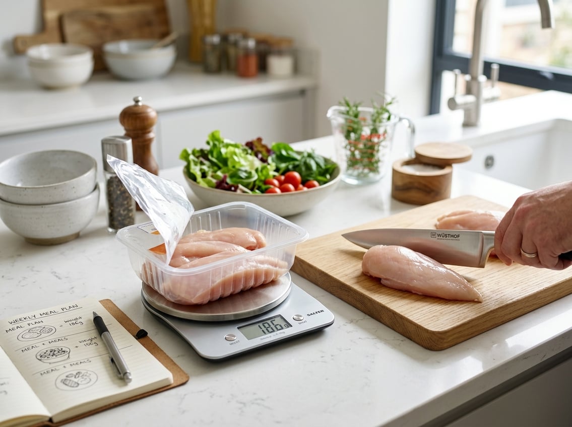 A kitchen countertop with a pack of raw chicken breasts, a digital scale, a cutting board with a chicken breast being prepared, and fresh vegetables nearby.