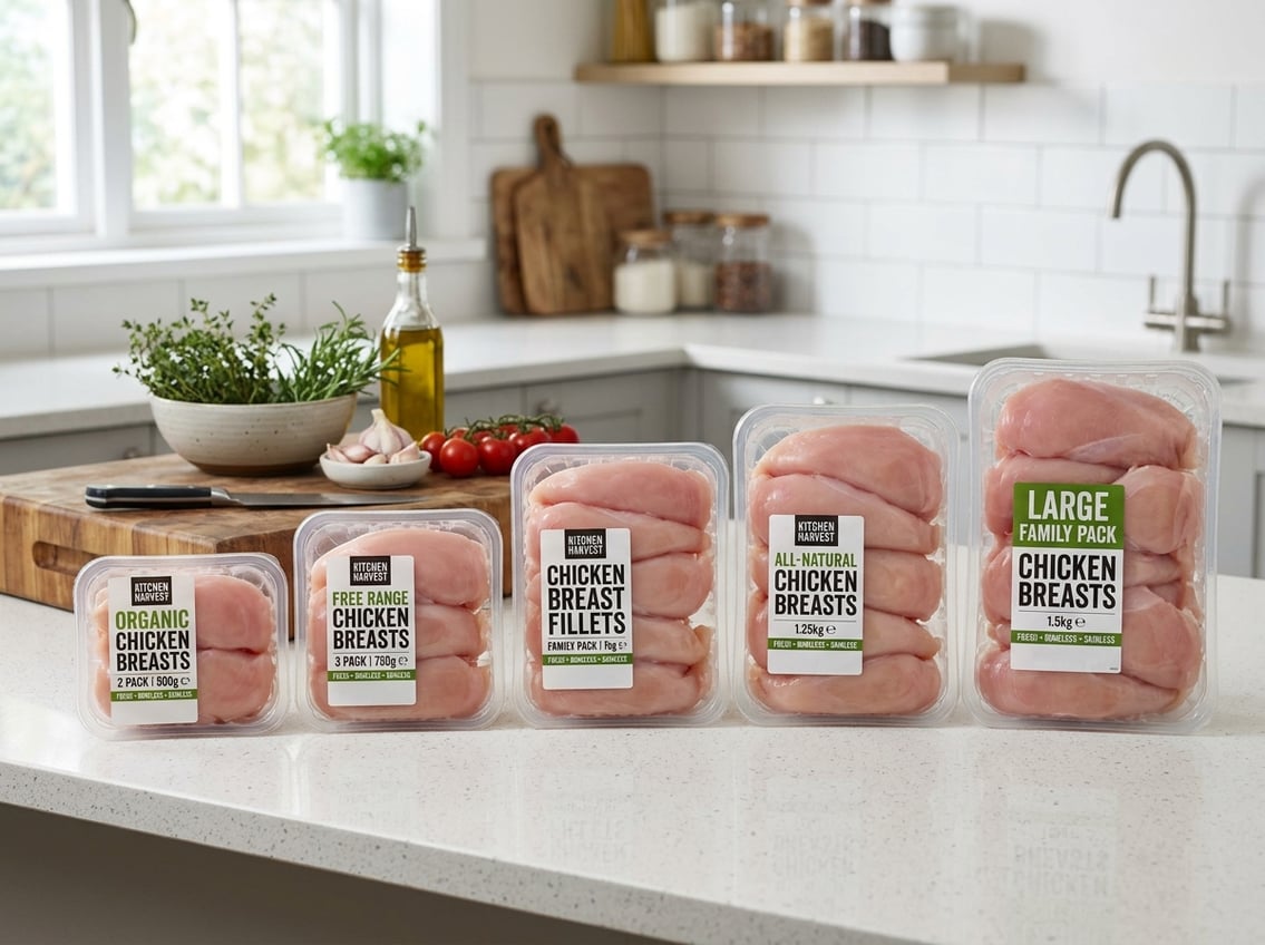Kitchen countertop with several packs of raw chicken breasts in plastic packaging, surrounded by cooking utensils and fresh ingredients.