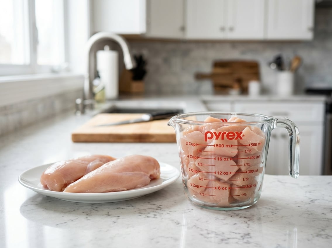 Two raw chicken breasts on a plate next to a glass measuring cup filled with cut chicken pieces on a kitchen countertop.